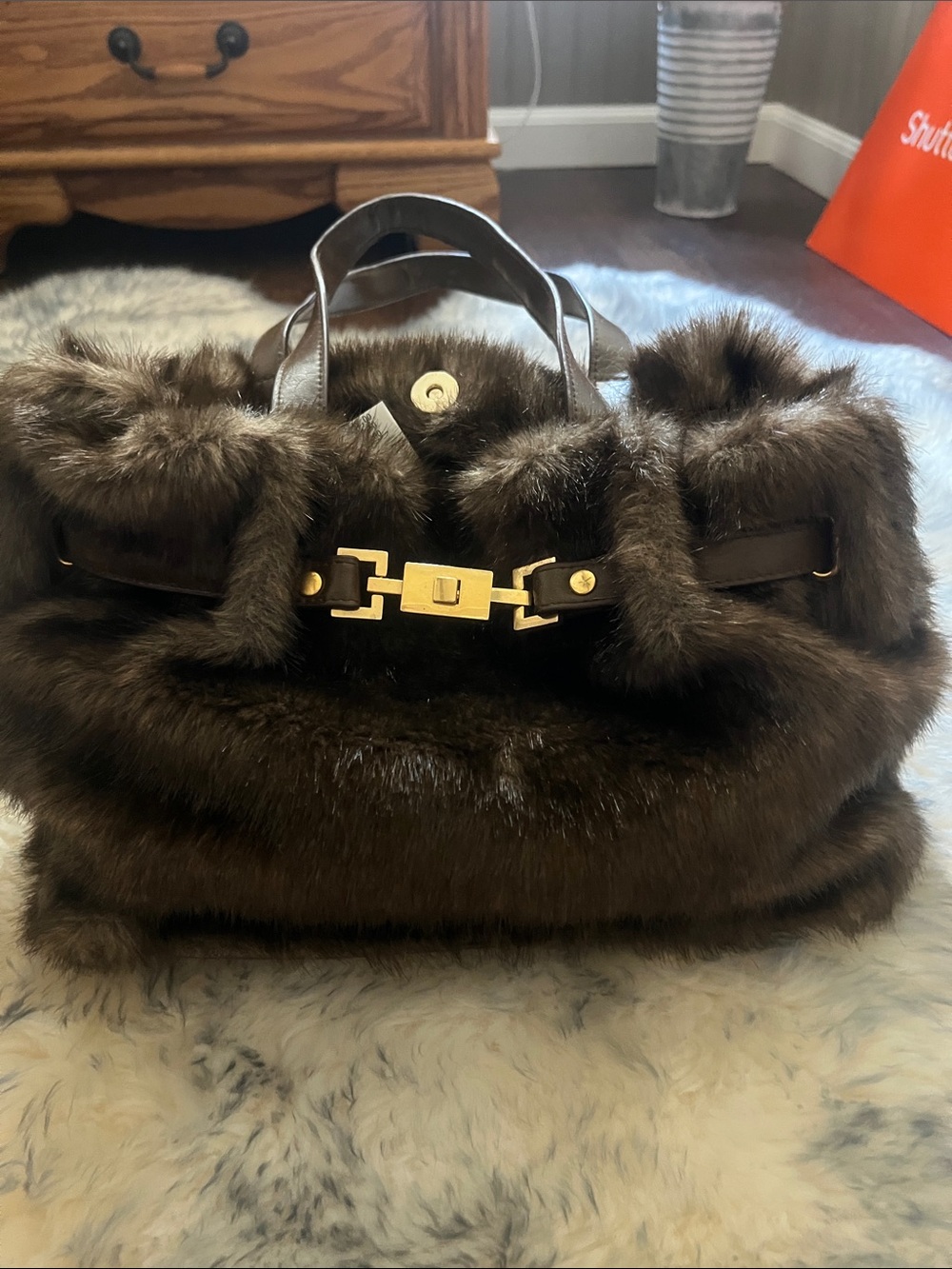 Brand new Tiannl Dark Brown Faux Fur Tote with Matching Crossbody Pouch